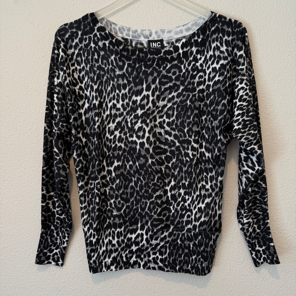 INC International Concepts Womens XS Leopard Print Dolman Sleeve Knit Top Black